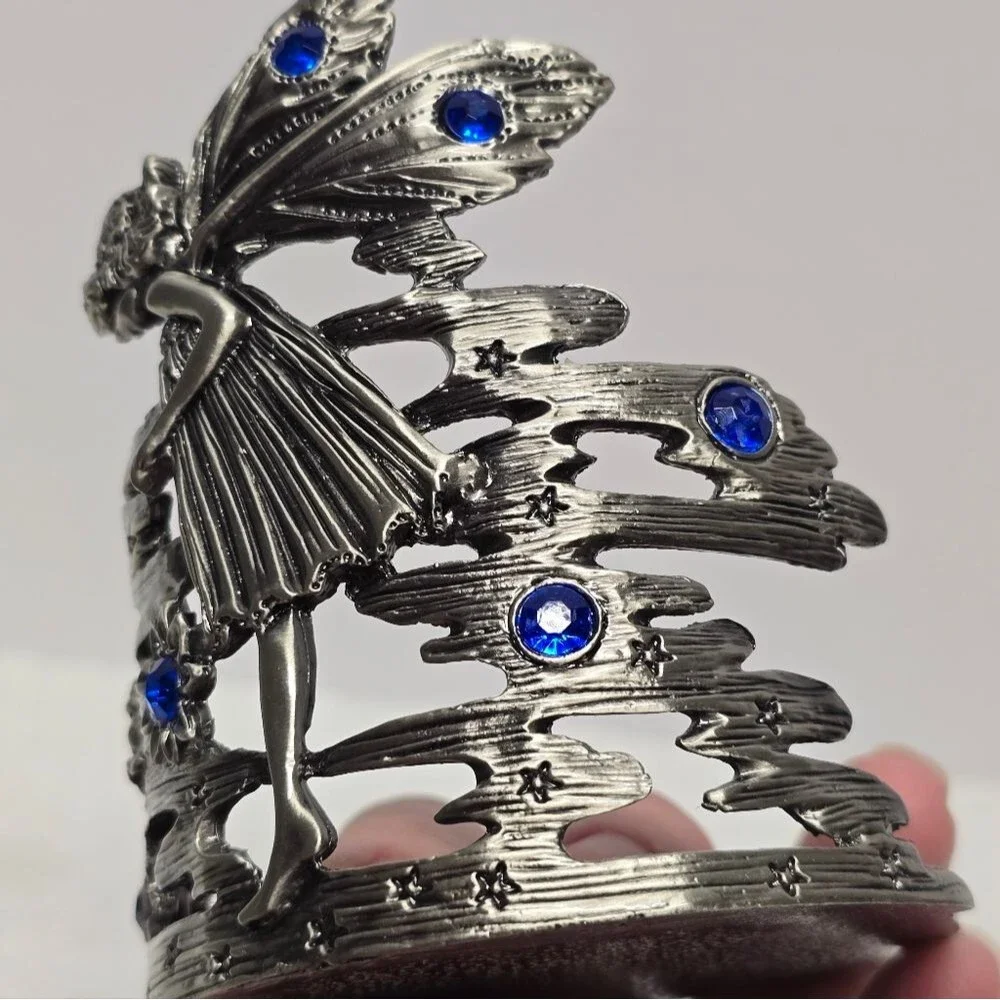 Vintage Silver Metal Fairy Elf Blue Rhinestones Celestial Votive Candle Holder